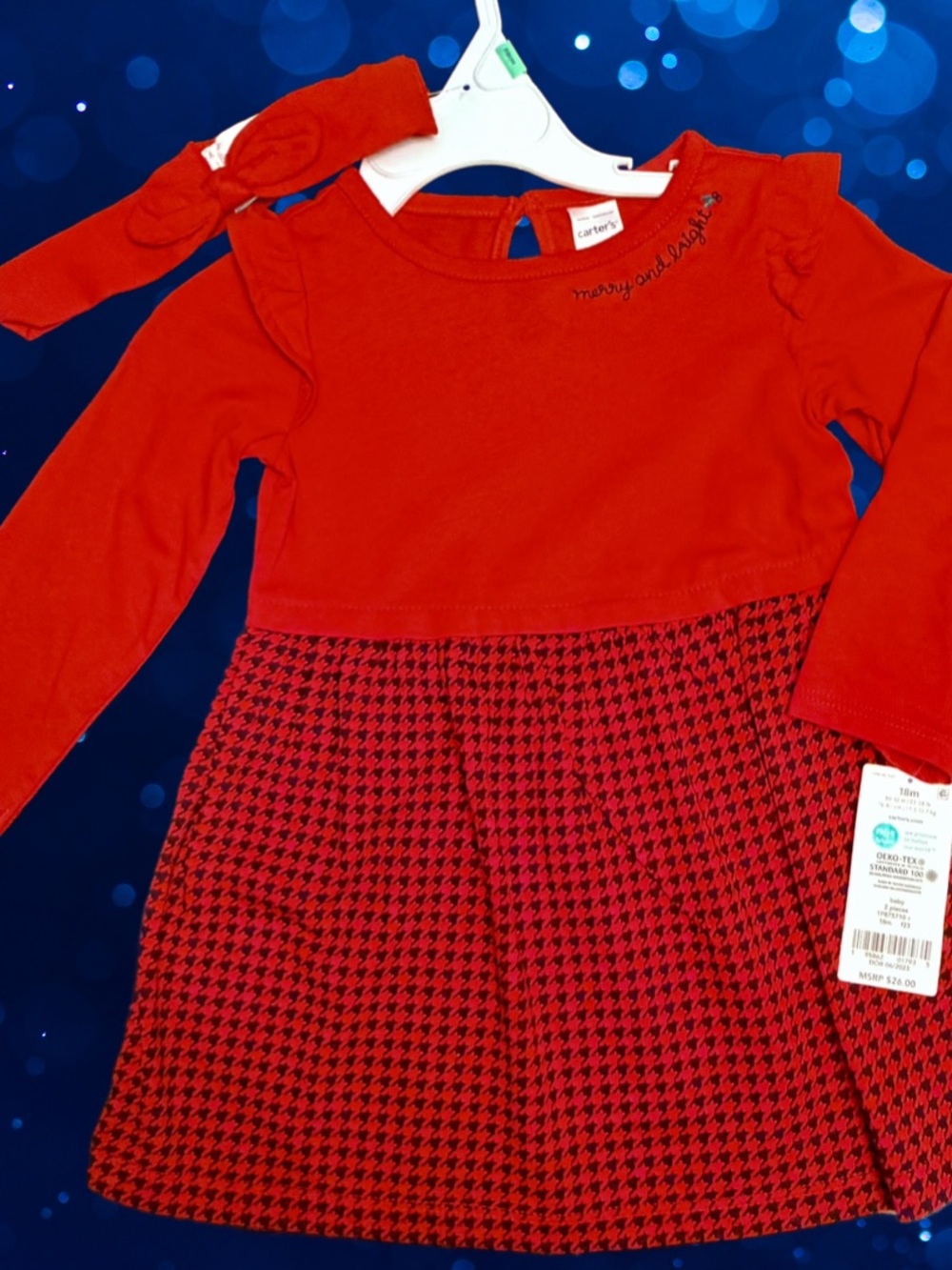 NWT Carter's 2pc Christmas Red LS Houndstooth Cotton Knit Dress 18m